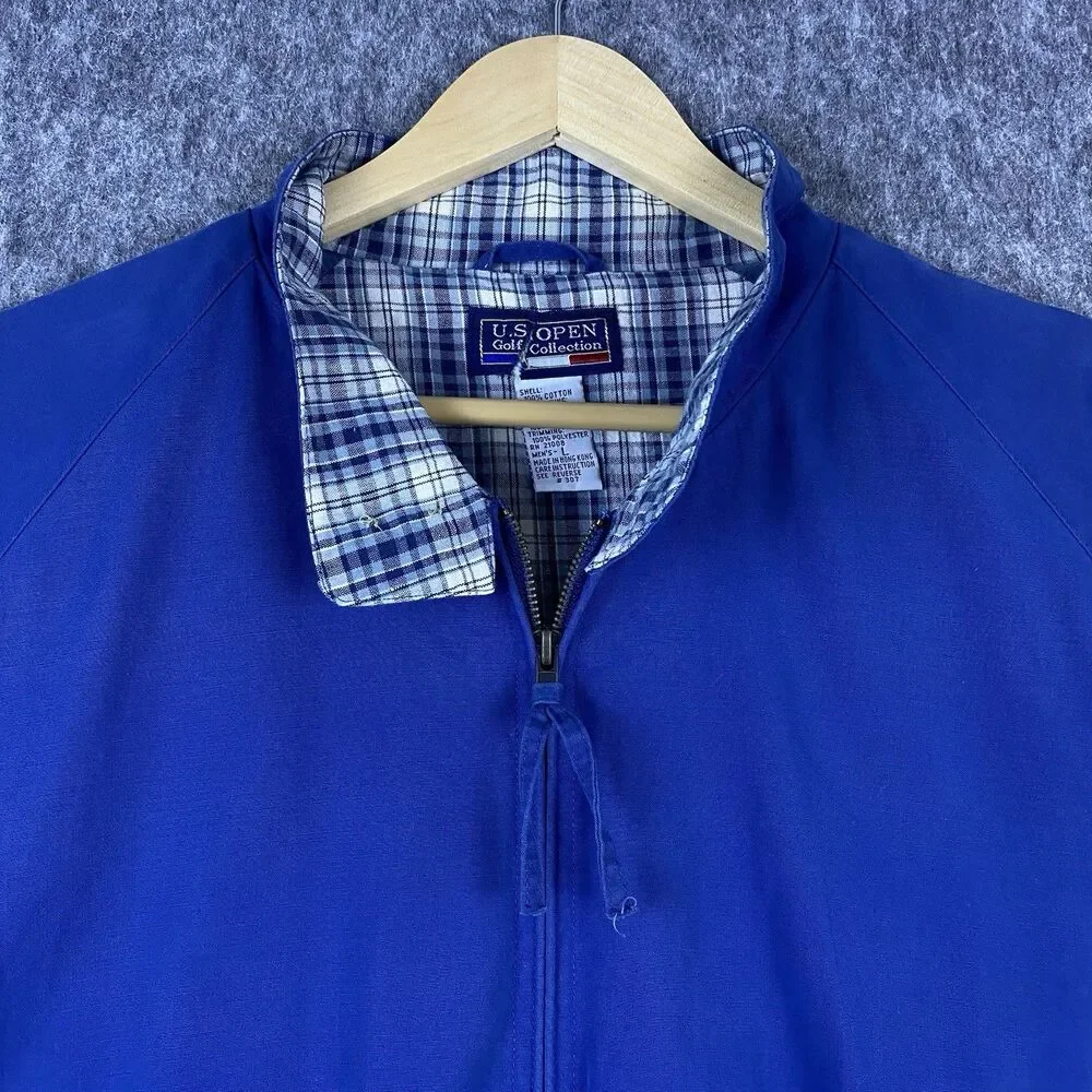 Vtg US Open Men's Harrington Jacket Golf Collection Blue Plaid Lined Zip Up Sz L